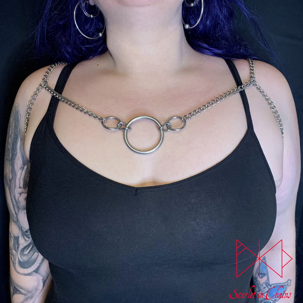 Lucifer Harness Stainless Steel harness made from 2mm 304 grade stainless steel shown warn on Female higher on body, goth jewellery, alternative jewellery, stainless steel jewellery, event jewellery, body chains