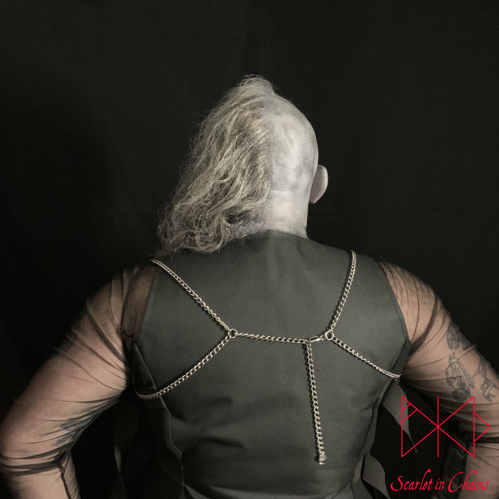 Lucifer Harness Stainless Steel harness made from 2mm 304 grade stainless steel shown warn on Male showing back, goth jewellery, alternative jewellery, stainless steel jewellery, event jewellery, body chains