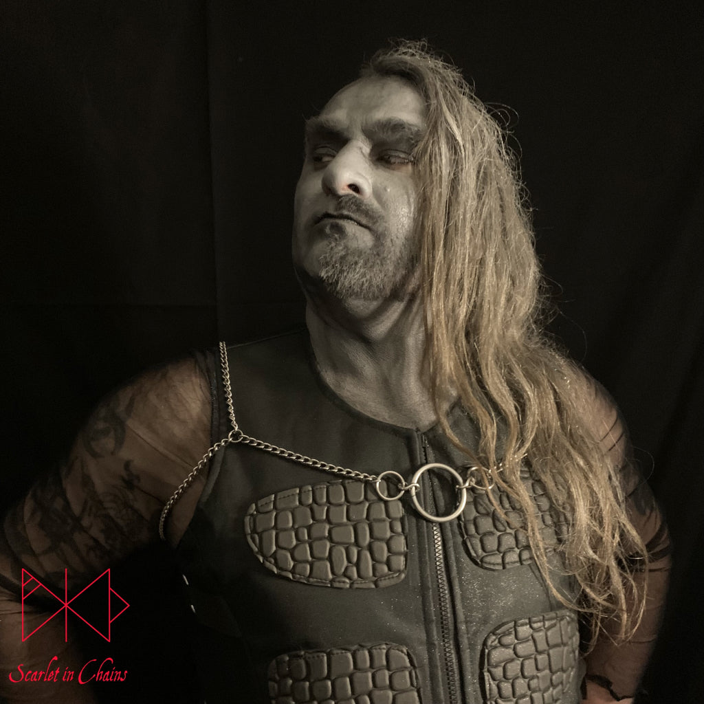 Lucifer Harness Stainless Steel harness made from 2mm 304 grade stainless steel shown worn on Male higher on body, goth jewellery, alternative jewellery, stainless steel jewellery, event jewellery, body chains