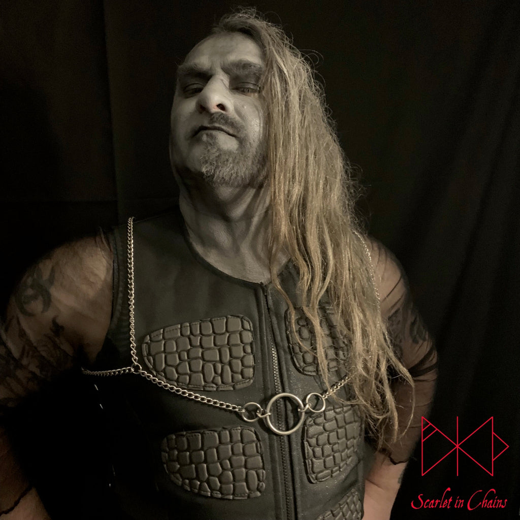 Lucifer Harness Stainless Steel harness made from 2mm 304 grade stainless steel shown worn on Male, goth jewellery, alternative jewellery, stainless steel jewellery, event jewellery, body chains