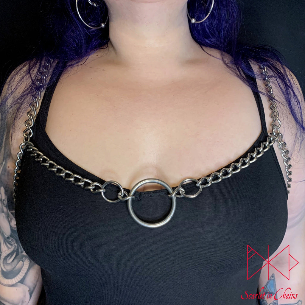 Lucifer Rising Stainless Steel body Harness 304 Grade Stainless Steel Body harness shown worn on female higher at front, goth jewellery, alternative jewellery, stainless steel jewellery, event jewellery, body chains
