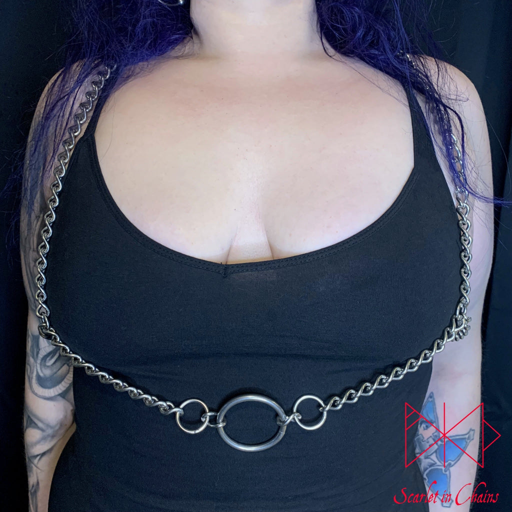 Lucifer Rising Stainless Steel body Harness 304 Grade Stainless Steel Body harness shown worn on female lower at front, goth jewellery, alternative jewellery, stainless steel jewellery, event jewellery, body chains