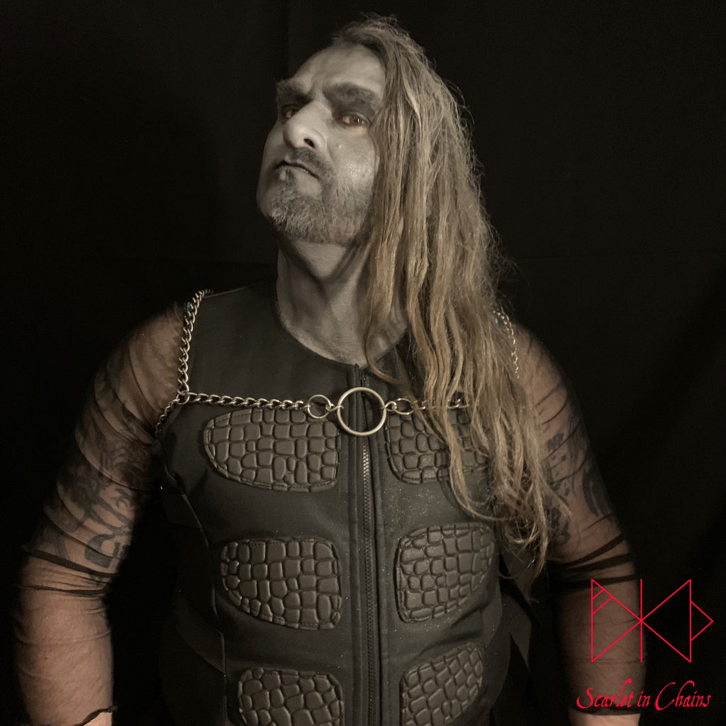 Lucifer Rising Stainless Steel body Harness 304 Grade Stainless Steel Body harness shown worn on male higher at front, goth jewellery, alternative jewellery, stainless steel jewellery, event jewellery, body chains