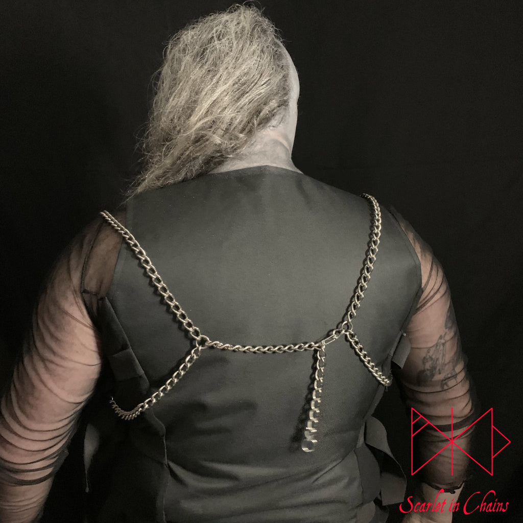 Lucifer Rising Stainless Steel body Harness 304 Grade Stainless Steel Body harness shown worn on male showing back, goth jewellery, alternative jewellery, stainless steel jewellery, event jewellery, body chains