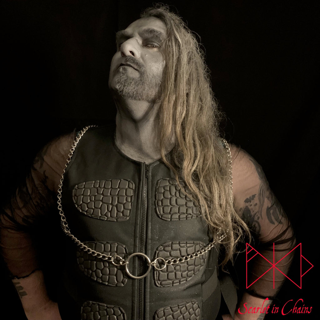 Lucifer Rising Stainless Steel body Harness 304 Grade Stainless Steel Body harness shown worn on male lower at front, goth jewellery, alternative jewellery, stainless steel jewellery, event jewellery, body chains