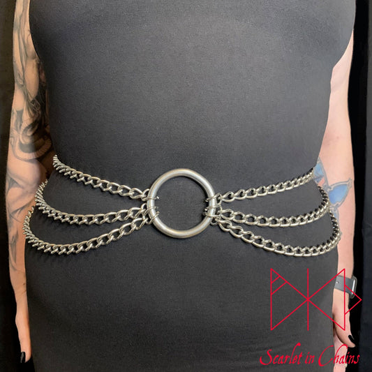 Luna Beam belt 3 layer 3mm 304 grade stainless steel belt shown worn front, Goth Jewellery, Alternative Jewellery, Witch Jewellery, Occult Jewellery, Goth Belt, Alternative Belt, Witch Belt, Stainless Steel Jewellery, Stainless Steel Belt