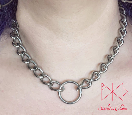 Luna collar worn, thick chain collar with a central O ring stainless steel, oth choker, alternative collar, stainless steel jewellery, goth jewellery, event jewellery, day collar