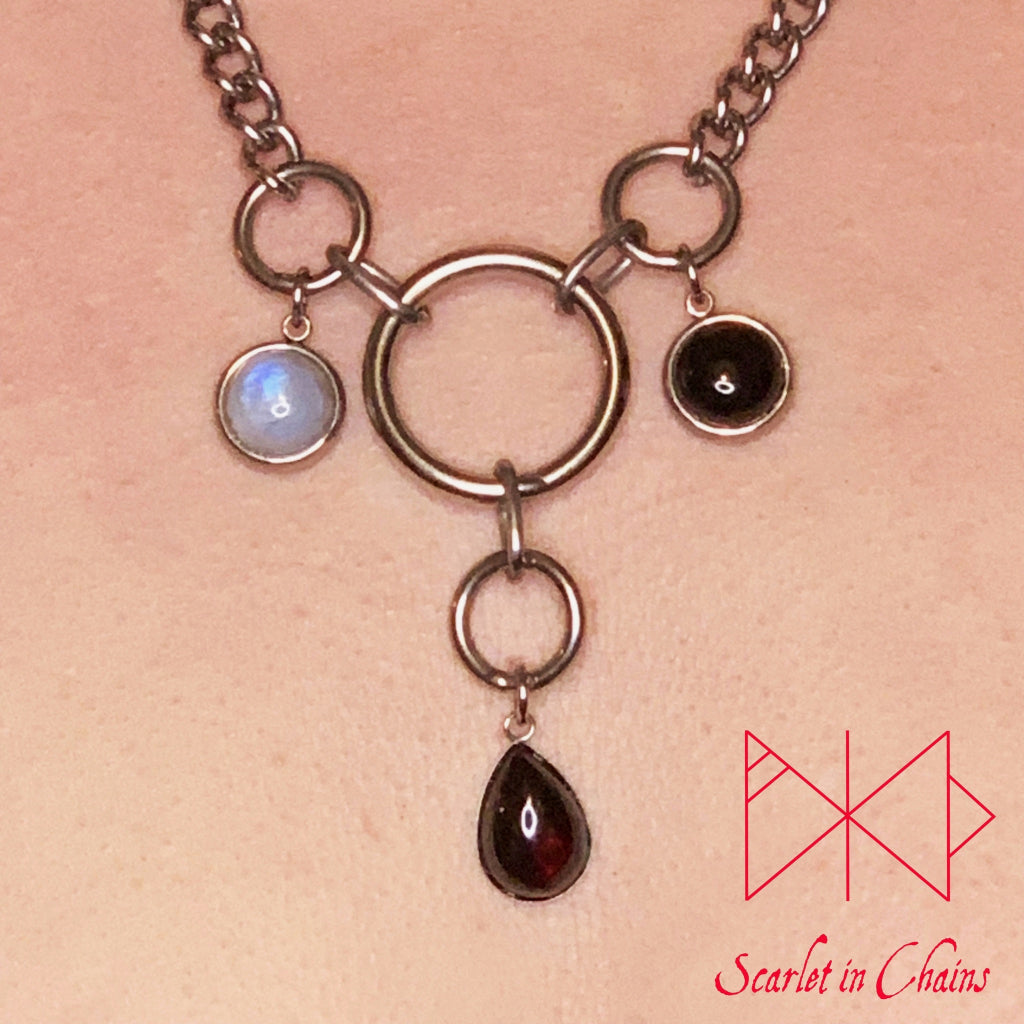 Crystal Trinitarius Maiden Mother Crone Necklace Divine Feminine Semi Precious Crystals Shown Close, goth choker alternative collar stainless steel jewellery, goth jewellery, event jewellery. Goth Necklace, Stainless Steel Necklace, Event Necklace, witchy necklace, pagan necklace