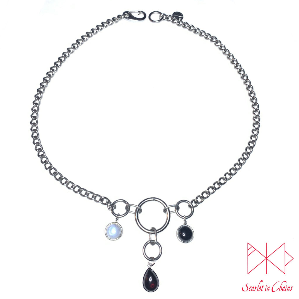 Crystal Trinitarius Maiden Mother Crone Necklace Divine Feminine Semi Precious Crystals Shown Flat, goth choker alternative collar stainless steel jewellery, goth jewellery, event jewellery. Goth Necklace, Stainless Steel Necklace, Event Necklace, witchy necklace pagan necklace