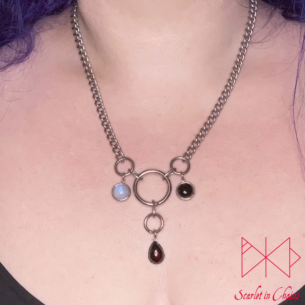 Crystal Trinitarius Maiden Mother Crone Necklace Divine Feminine Semi Precious Crystals Shown Worn, goth choker alternative collar stainless steel jewellery, goth jewellery, event jewellery. Goth Necklace, Stainless Steel Necklace, Event Necklace, witchy necklace, pagan necklace