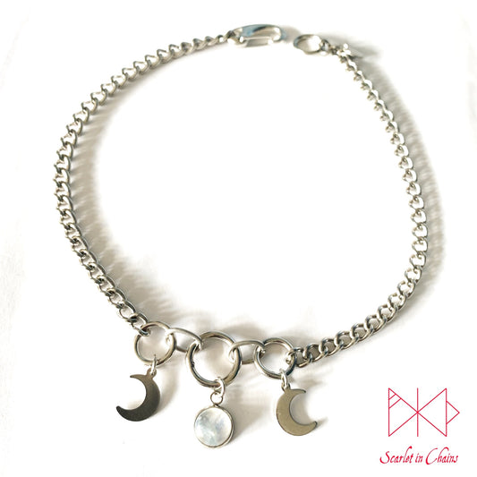 Midnight Goddess stainless steel day collar - Goth choker - Triple moon goddess necklace - Goth day collar - Crescent moon collar - Goth shown flat