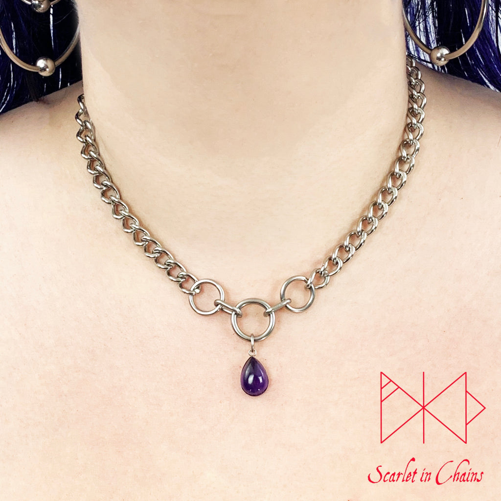 Stainless Steel Crystal princess day collar - cute collar - BDSM day collar - Subtle day collar - Amethyst necklace - Goth - BDSM Pet Play worn shot, goth choker alternative collar stainless steel jewellery, goth jewellery, event jewellery. Goth Necklace, Stainless Steel Necklace, Event Necklace