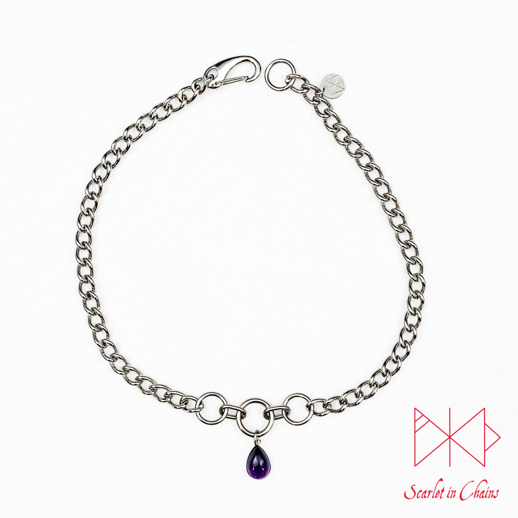 Stainless Steel Crystal princess day collar - cute collar - BDSM day collar - Subtle day collar - Amethyst necklace - Goth - BDSM Pet Play flat shot, goth choker alternative collar stainless steel jewellery, goth jewellery, event jewellery. Goth Necklace, Stainless Steel Necklace, Event Necklace