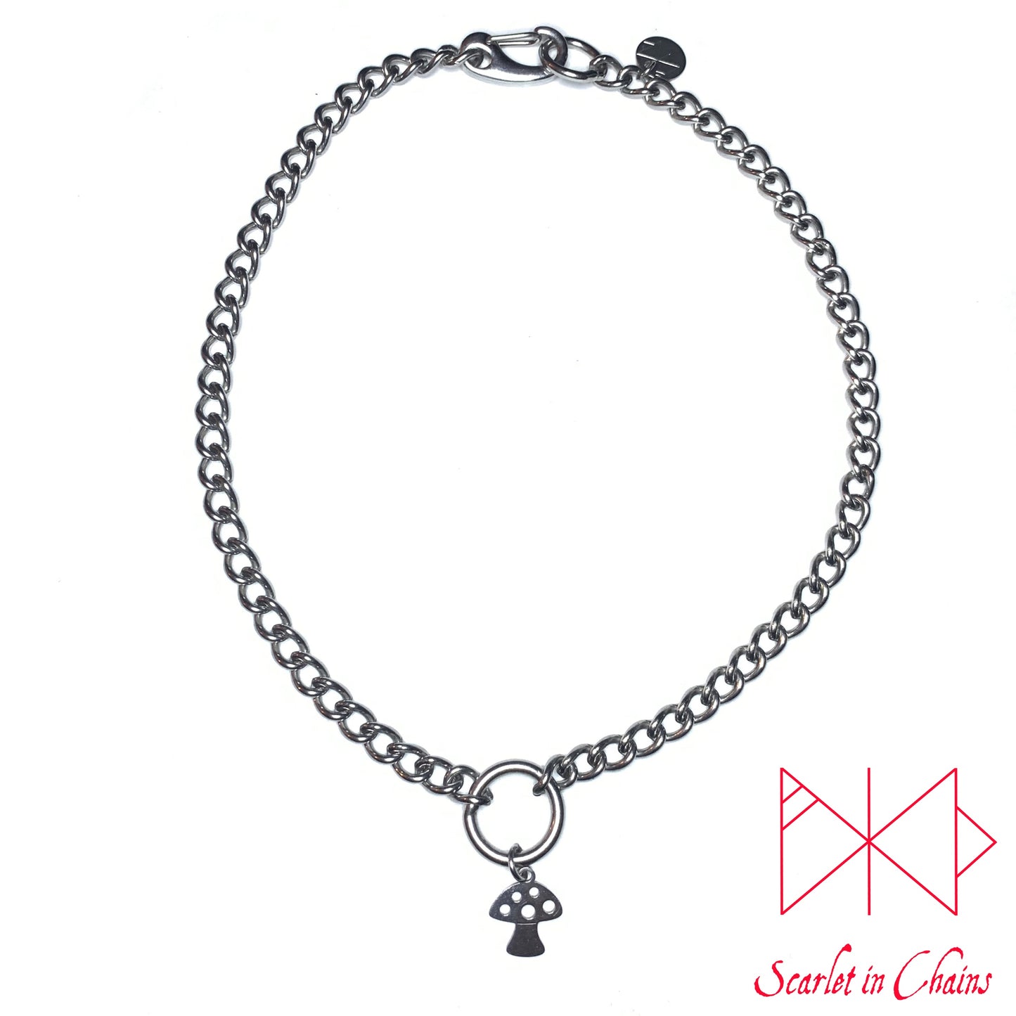 Stainless Steel Toadstool charm necklace, day collar, Witch necklace, witchy necklace, Shown flat