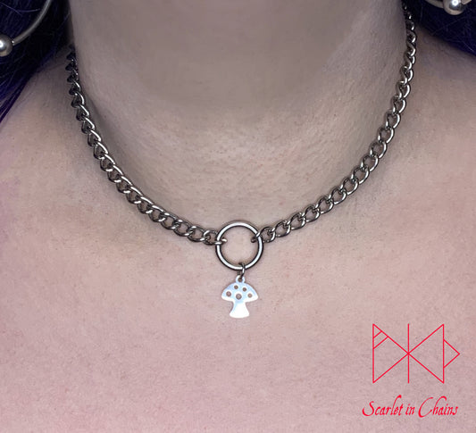 Stainless Steel Toadstool charm necklace, day collar, Witch necklace, witchy necklace, Shown warn