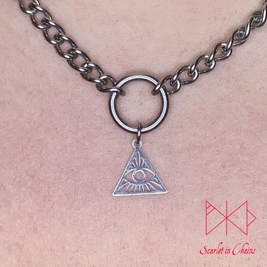 Stainless Steel All Seeing Eye charm necklace, day collar, Witch necklace, witchy necklace, Shown close