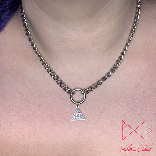 Stainless Steel All Seeing Eye charm necklace, day collar, Witch necklace, witchy necklace, Shown warn