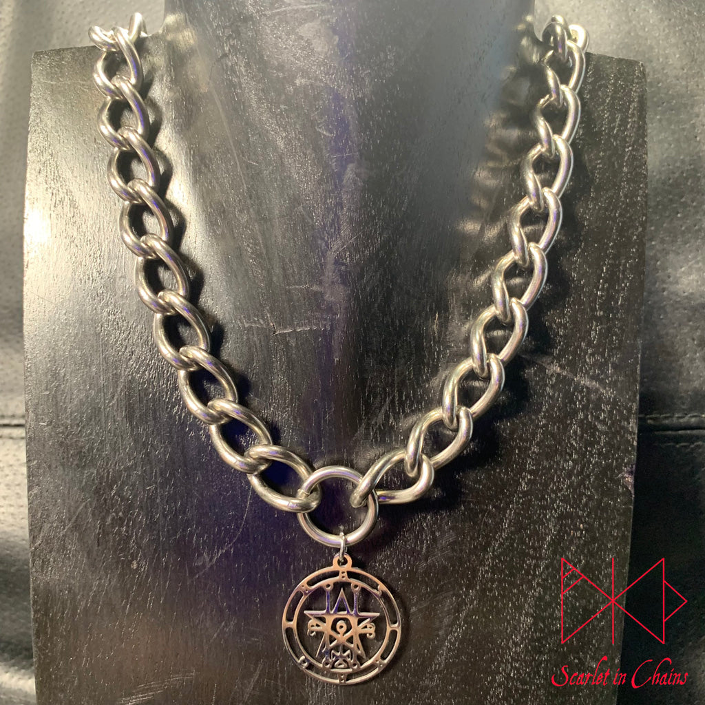 Stainless Steel Astaroth Sigil charm necklace, day collar, Witch necklace, Occult Necklace, Goetia necklace,, witchy necklace, Shown on display neck