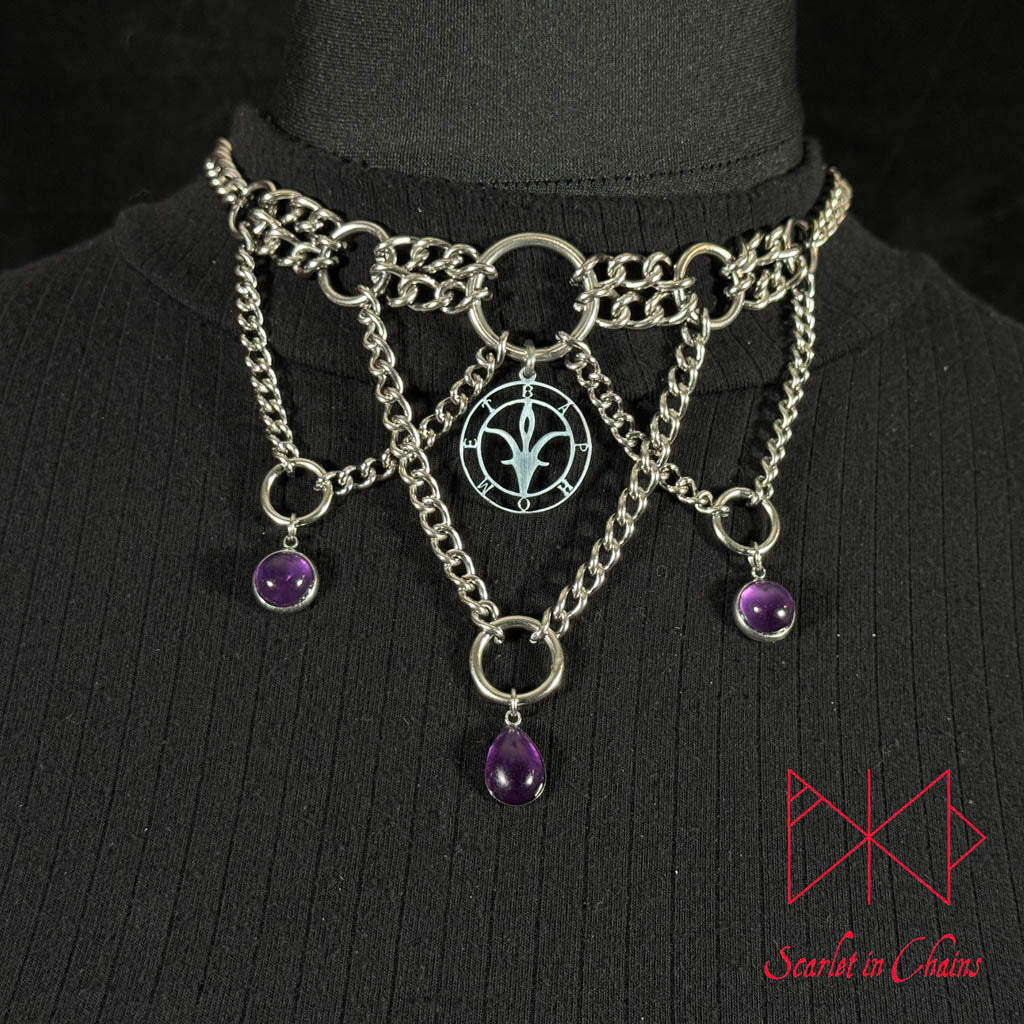Baphomet, Goth choker, Trad Goth necklace, Amethyst necklace, Goth collar shown worn Close, alternative collar, stainless steel jewellery, goth jewellery, event jewellery. Goth Necklace, Stainless Steel Necklace, Event Necklace, witch jewellery, witch necklace, witchy necklace, witchy jewellery, occult jewellery, ritual jewellery