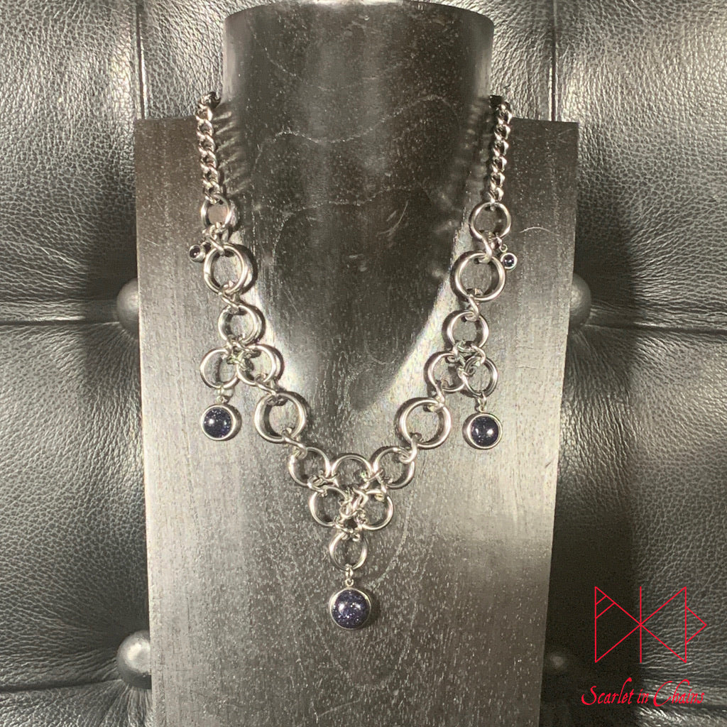 Crystal Guardian Necklace Shown Warn on Sophie, goth choker, alternative collar, stainless steel jewellery, goth jewellery, event jewellery. Goth Necklace, Stainless Steel Necklace, Event Necklace, witch jewellery, witch necklace, witchy necklace, witchy jewellery