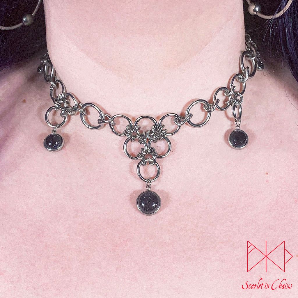 Crystal Guardian Necklace Shown Warn on Sophie, goth choker, alternative collar, stainless steel jewellery, goth jewellery, event jewellery. Goth Necklace, Stainless Steel Necklace, Event Necklace, witch jewellery, witch necklace, witchy necklace, witchy jewellery