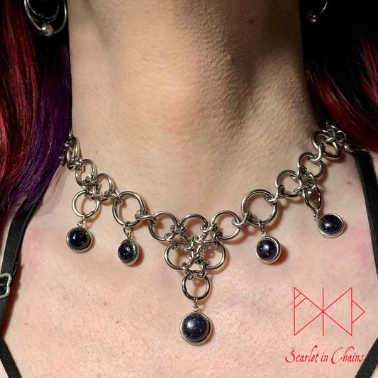 Crystal Guardian Necklace Shown Warn Close up, goth choker, alternative collar, stainless steel jewellery, goth jewellery, event jewellery. Goth Necklace, Stainless Steel Necklace, Event Necklace, witch jewellery, witch necklace, witchy necklace, witchy jewellery