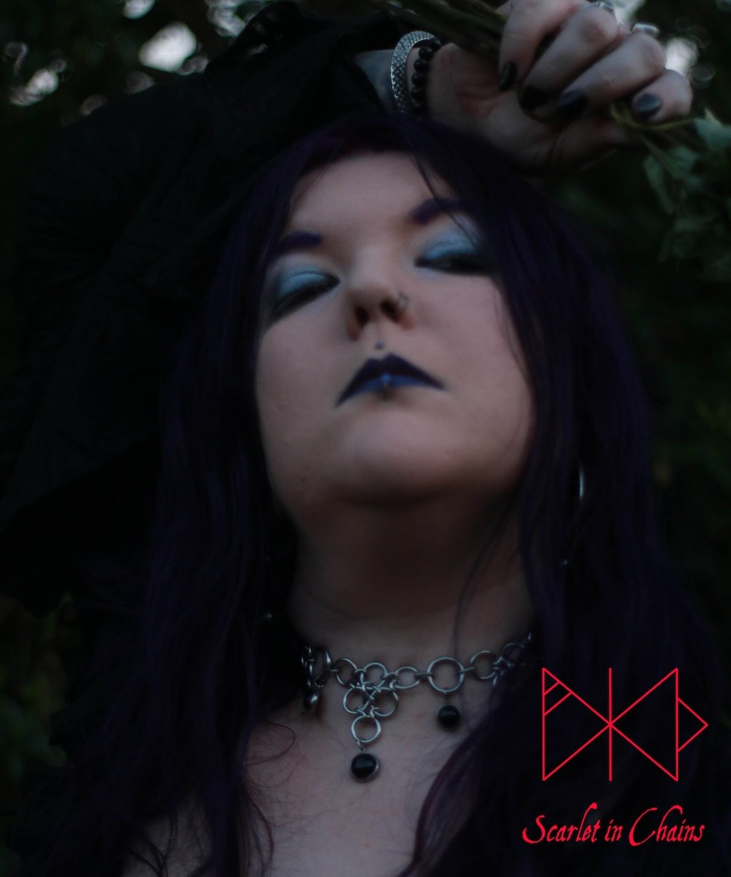 Crystal Guardian Necklace Shown Warn on Sophie, goth choker, alternative collar, stainless steel jewellery, goth jewellery, event jewellery. Goth Necklace, Stainless Steel Necklace, Event Necklace, witch jewellery, witch necklace, witchy necklace, witchy jewellery