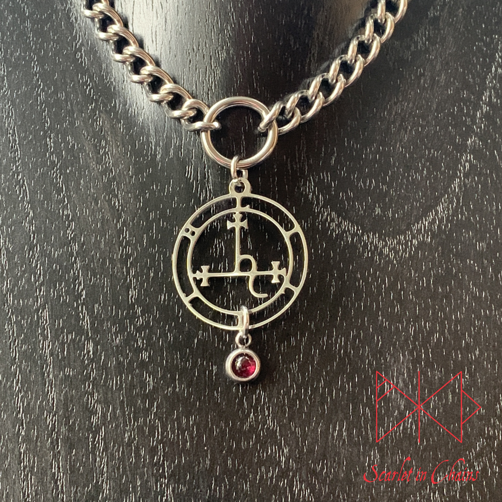 Stainless Steel Crystal Lilith Sigil collar - Garnet choker - O ring collar - subtle collar Shown Close up