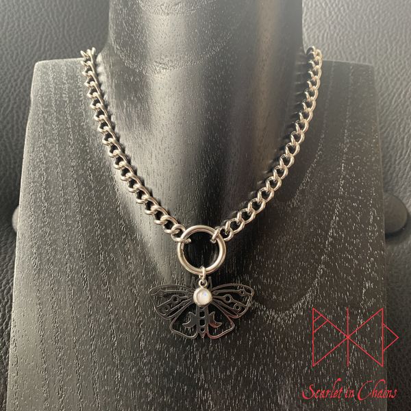 Stainless Steel Micro Crystal Moth collar - Rainbow Moonstone choker - O ring collar - subtle collar Shown Full