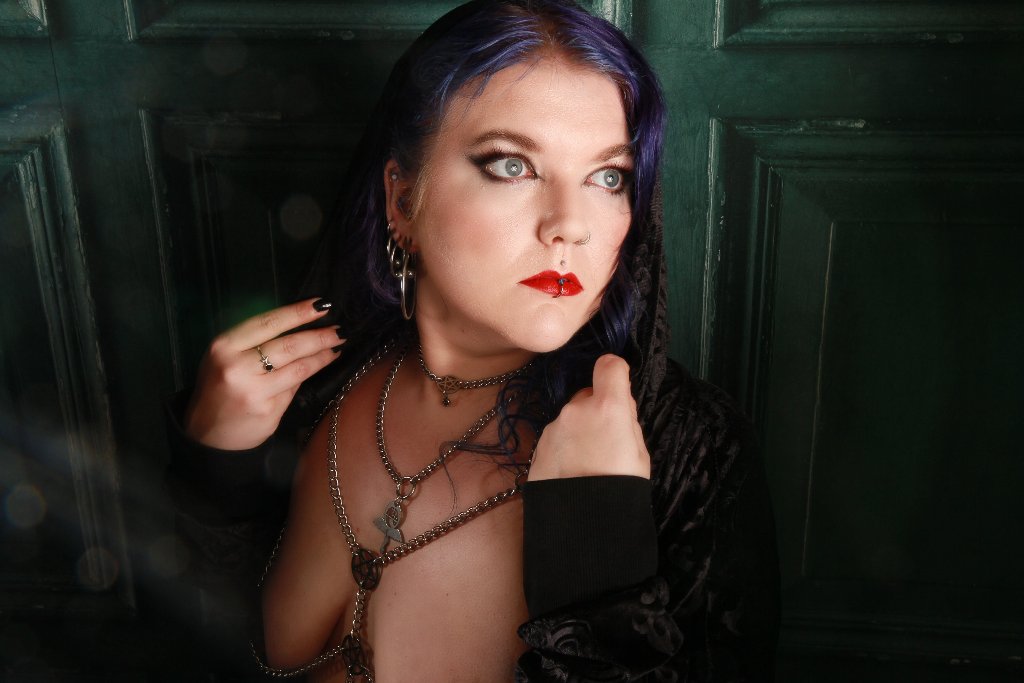 Model Baphamynx - Photography Empowered Boudoir Photography - Collar Micro Crystal Pentagram, Necklace Lilith Scarlets Satanic Panic range, Chain Harness Dark Goddess 