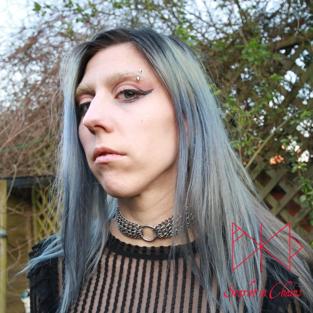 Stainless Steel Demoness choker - Statement choker - regal jewellery - Goth Wedding - Mistress choker - BDSM collar - Goth choker shown worn front, goth choker, alternative collar, stainless steel jewellery, goth jewellery, event jewellery. Goth Necklace, Stainless Steel Necklace, Event Necklace, day collar