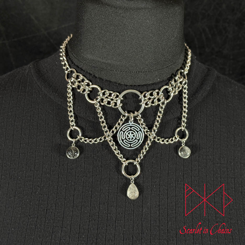 Hekate, Goth choker, Trad Goth necklace, Tourmalated Quartz necklace, Goth collar shown worn Close, alternative collar, stainless steel jewellery, goth jewellery, event jewellery. Goth Necklace, Stainless Steel Necklace, Event Necklace, witch jewellery, witch necklace, witchy necklace, witchy jewellery, occult jewellery, ritual jewellery, Hekate Wheel