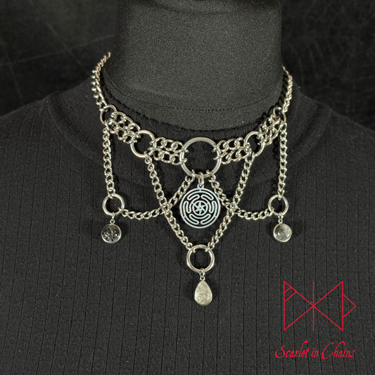 Hekate, Goth choker, Trad Goth necklace, Tourmalated Quartz necklace, Goth collar shown worn Close, alternative collar, stainless steel jewellery, goth jewellery, event jewellery. Goth Necklace, Stainless Steel Necklace, Event Necklace, witch jewellery, witch necklace, witchy necklace, witchy jewellery, occult jewellery, ritual jewellery, Hekate Wheel