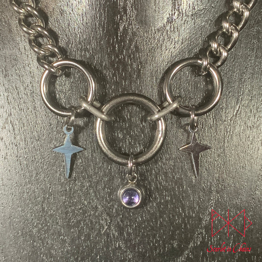 Stainless Steel Crystal Iolite Twilight Star day collar - Iolite choker - O ring collar - subtle day collar - Goth, Star Collar, Moon Collar, shown close