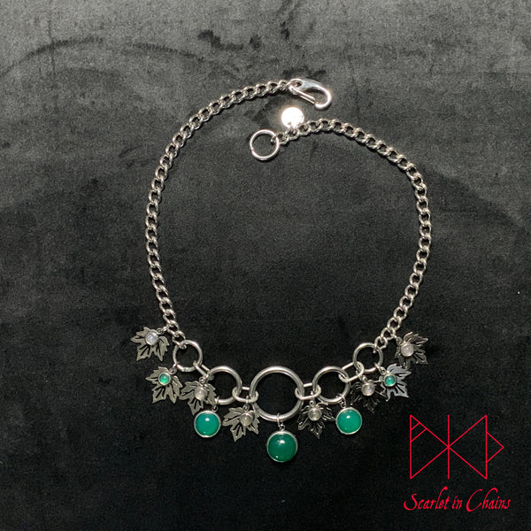 Stainless Steel Ivy Fantasy Necklace - Statement Necklace - Green Onyx and Labradorite - O ring collar showing flat