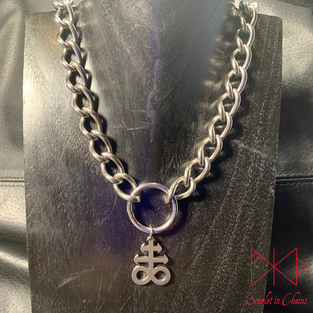 Stainless Steel Leviathan Cross Sigil charm necklace, day collar, Witch necklace, Occult Necklace, Goetia necklace,, witchy necklace, Shown on display neck