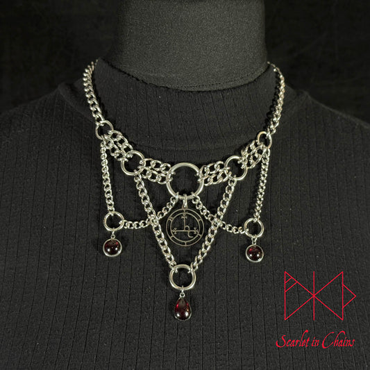 Lilith, Goth choker, Trad Goth necklace, Garnet necklace, Goth collar shown worn Close, alternative collar, stainless steel jewellery, goth jewellery, event jewellery. Goth Necklace, Stainless Steel Necklace, Event Necklace, witch jewellery, witch necklace, witchy necklace, witchy jewellery, occult jewellery, ritual jewellery