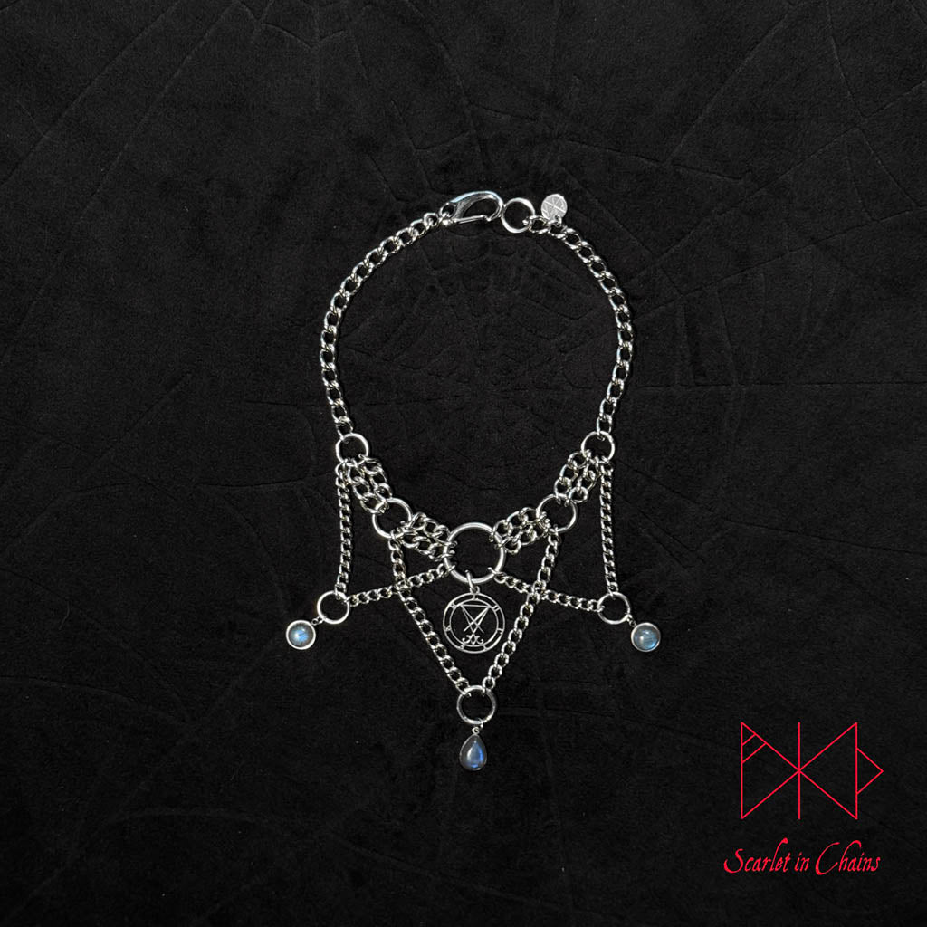 Lucifer, Goth choker, Trad Goth necklace, Labradorite necklace, Goth collar shown flat, alternative collar, stainless steel jewellery, goth jewellery, event jewellery. Goth Necklace, Stainless Steel Necklace, Event Necklace, witch jewellery, witch necklace, witchy necklace, witchy jewellery, occult jewellery, ritual jewellery