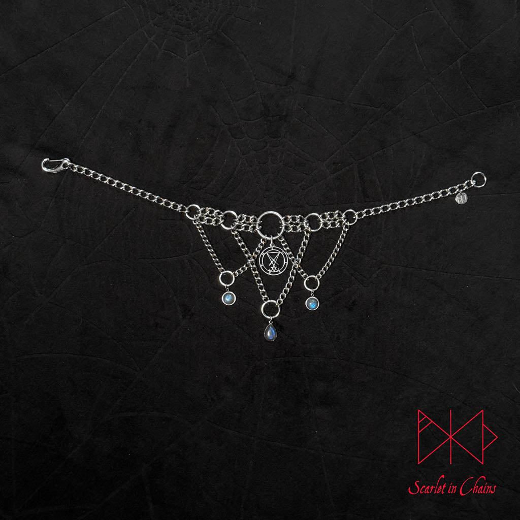 Lucifer, Goth choker, Trad Goth necklace, Labradorite necklace, Goth collar shown flat, alternative collar, stainless steel jewellery, goth jewellery, event jewellery. Goth Necklace, Stainless Steel Necklace, Event Necklace, witch jewellery, witch necklace, witchy necklace, witchy jewellery, occult jewellery, ritual jewellery