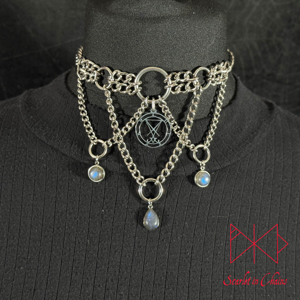Lucifer, Goth choker, Trad Goth necklace, Labradorite necklace, Goth collar shown worn, alternative collar, stainless steel jewellery, goth jewellery, event jewellery. Goth Necklace, Stainless Steel Necklace, Event Necklace, witch jewellery, witch necklace, witchy necklace, witchy jewellery, occult jewellery, ritual jewellery