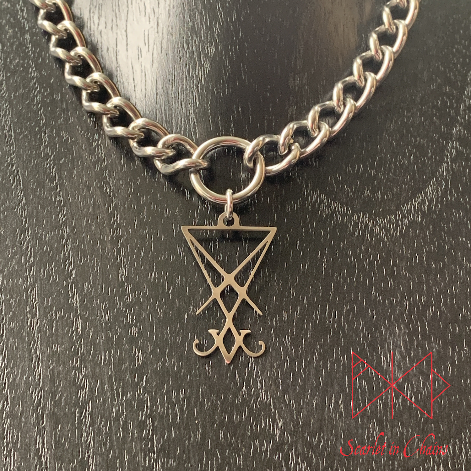 Stainless Steel Lucifer Sigil charm necklace, day collar, Witch necklace, witchy necklace, Shown close