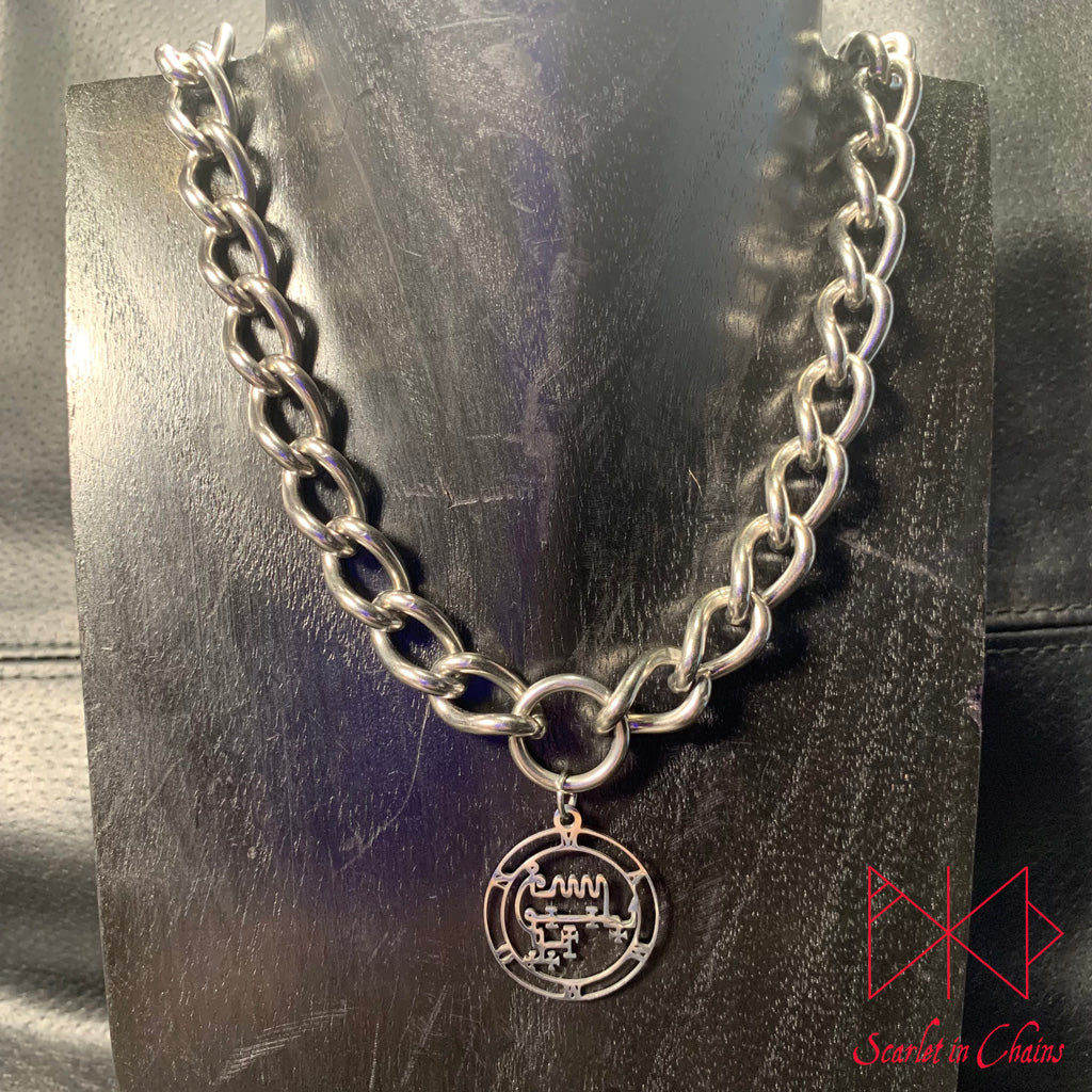 Stainless Steel Mammon Sigil charm necklace, day collar, Witch necklace, Occult Necklace, Goetia necklace,, witchy necklace, Shown on display neck