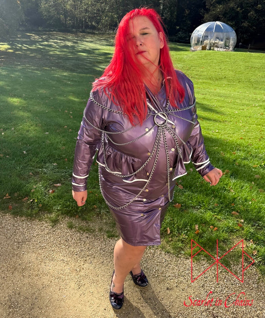 Medusa Body Harness Stainless steel harness goth harness chain harness female shown worn, goth jewellery, alternative jewellery, stainless steel jewellery, event jewellery, body chains modelled by Kitty from Ravenworks