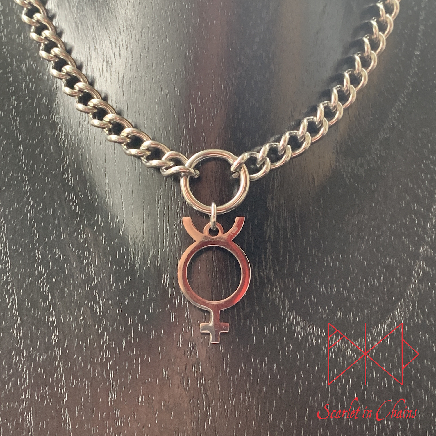 Stainless Steel Mercury charm necklace, day collar, Witch necklace, witchy necklace, Shown close