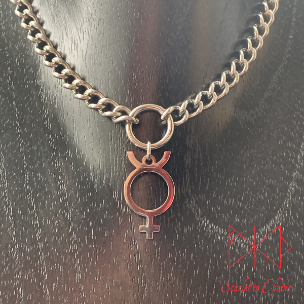 Stainless Steel Mercury charm necklace, day collar, Witch necklace, witchy necklace, Shown close