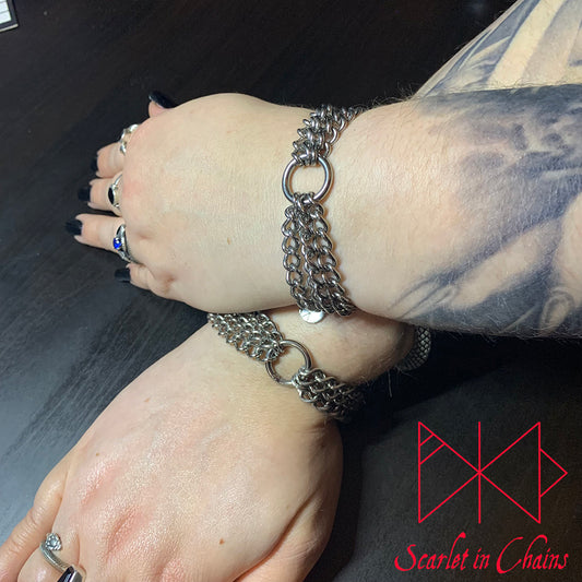 Pair of Micro Demoness Wrist Cuffs - Stainless Steel Wrist Cuffs - Stainless Steel Bracelets - O Ring Cuffs - Shown Warn