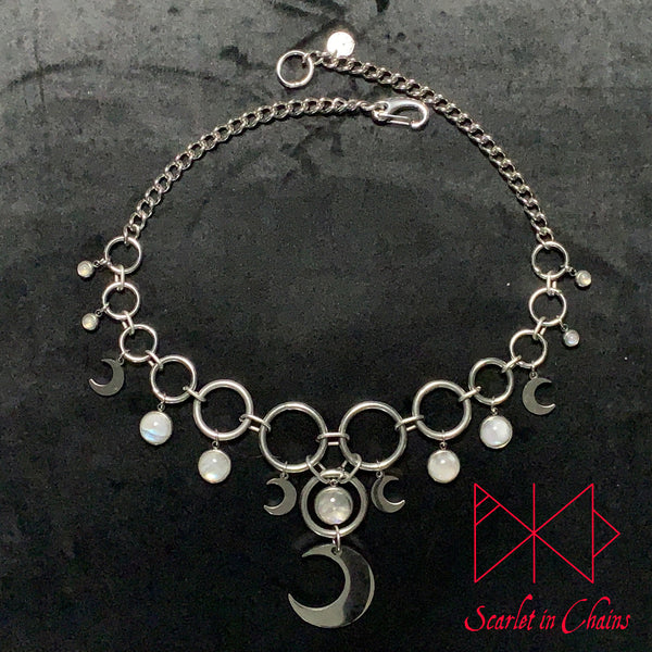 Stainless Steel Moonlight Necklace - Statement Necklace - Rainbow Moonstone - O ring collar showing flat