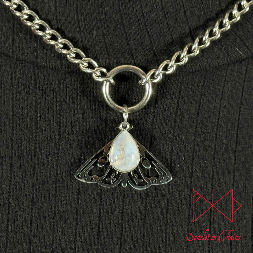Stainless Steel Micro Crystal Moth collar - Rainbow Moonstone choker - O ring collar - subtle collar Shown Close up, transformation, goth jewellery, witchy jewellery