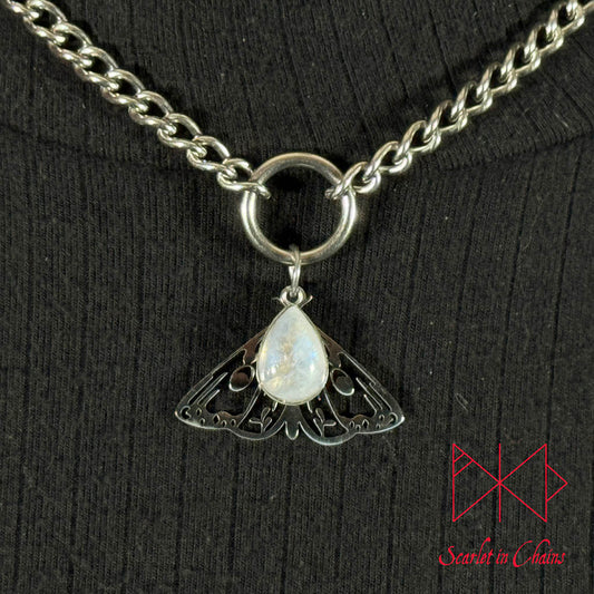 Stainless Steel Micro Crystal Moth collar - Rainbow Moonstone choker - O ring collar - subtle collar Shown Close up, transformation, goth jewellery, witchy jewellery