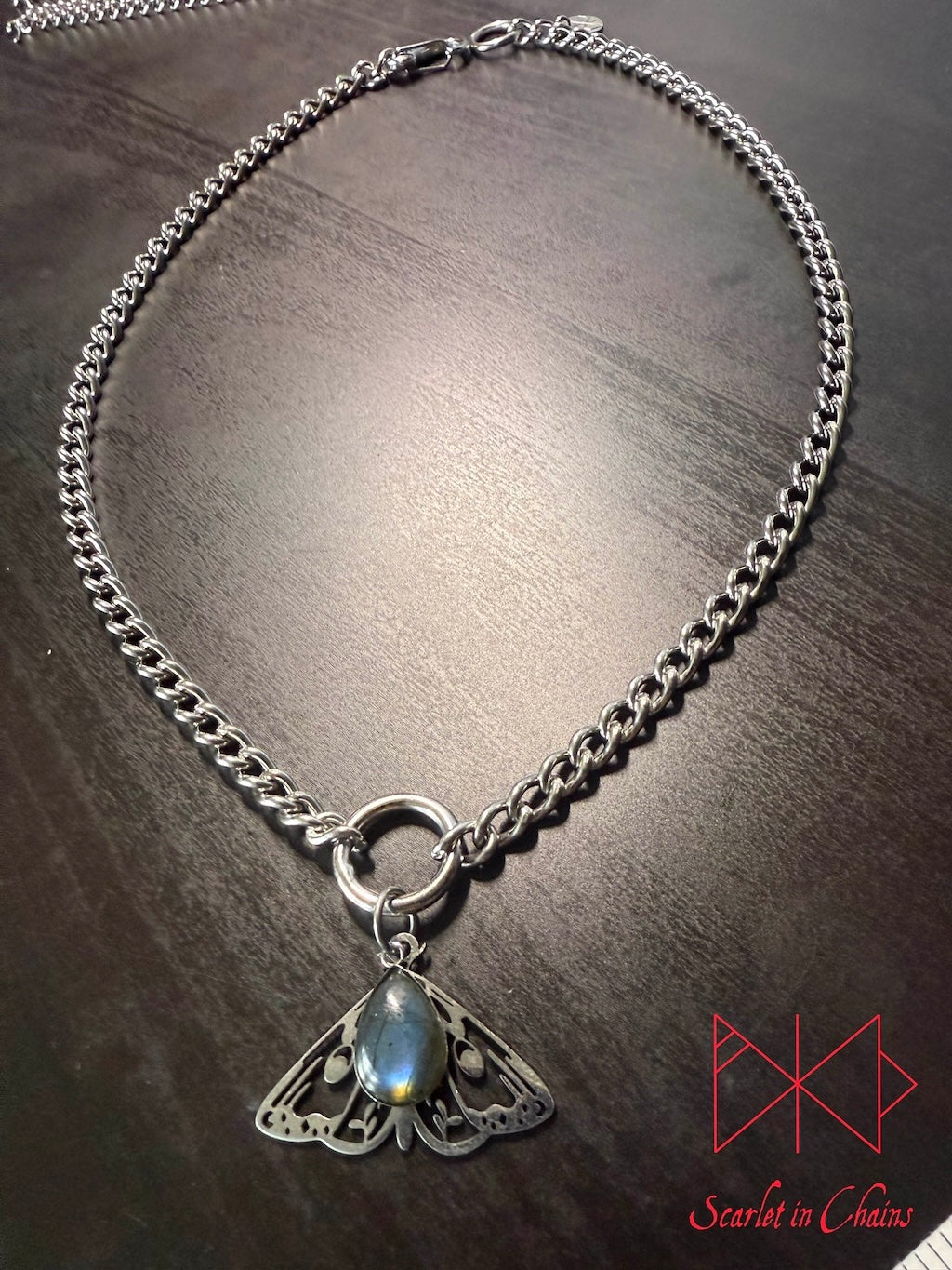 Stainless Steel Micro Crystal Moth collar - Labradorite choker - O ring collar - subtle collar Shown Close up, transformation, goth jewellery, witchy jewellery